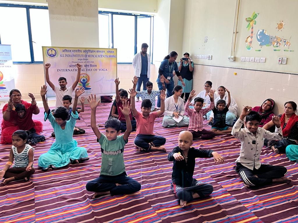 Yoga session for children organized by Department of AYUSH and Paediatrics at AIIMS Bhopal.